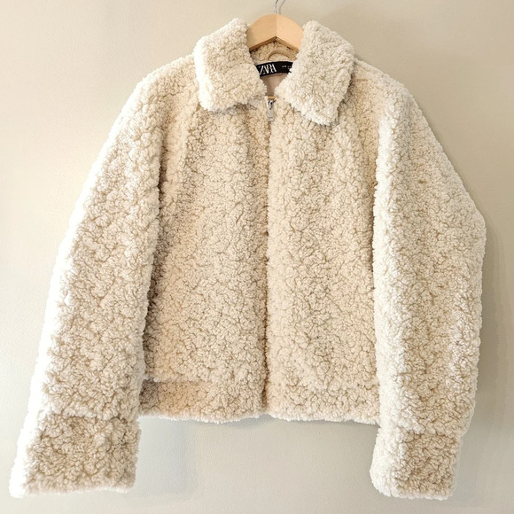 Zara Teddy Sherpa Boho Cropped Bomber Contemporary Jacket Cream Size Medium. - Picture 4 of 16